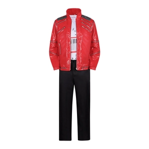 Red Faux Leather Zipper Jacket Cosplay Costume Stage Performance Set For Adults Rock Style Punk Outfit Clothing