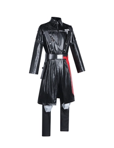 Trincea lunga in pelle nera lucida con accenti rossi per cosplay Warden Geheros