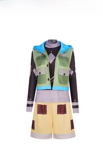 Three-piece anime cosplay costume set featuring vest, printed shirt and patched shorts