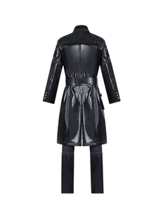 Vista posteriore del trench lungo in pelle nera lucida per costume cosplay Gherros