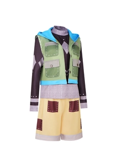 Three-piece cosplay set featuring a green hooded vest and checkered long-sleeve shirt