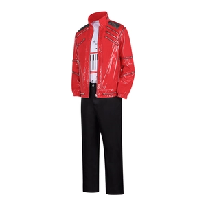 Michael Jackson cosplay set featuring a red faux leather jacket and white printed T-shirt