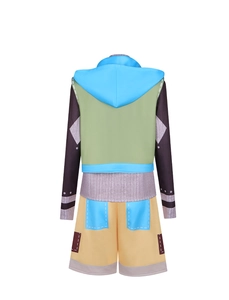 Detail of anime cosplay costume featuring green hoodie and yellow shorts with printed patches