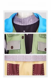 Detail view of purple knit collar, green multi-pocket vest, and yellow pants for cosplay