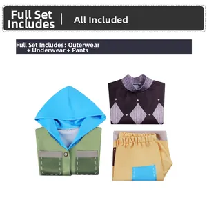 Three-piece anime cosplay costume set with green hooded jacket and yellow pants