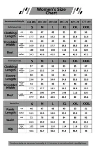 Detailed size chart for anime cosplay costume featuring outerwear, innerwear, and pants