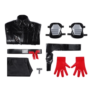 Costume cosplay Delta Force Warden Geheros con giacca in pelle nera e guanti rossi