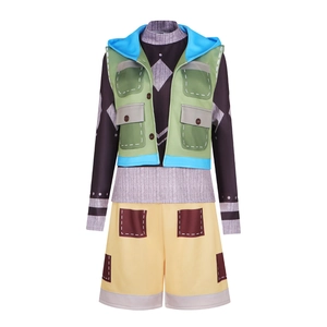 Anime Cosplay Costume Set Hooded Patchwork Vest Long Sleeve Shirt And Patchwork Shorts Halloween Party Role Play For Women