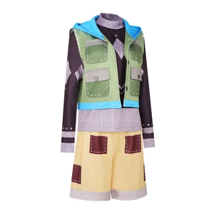 Anime cosplay costume set with green hooded vest, brown patterned shirt, and yellow shorts