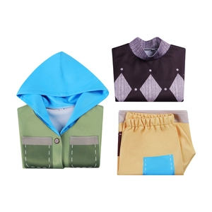 Anime cosplay costume set featuring green hooded jacket, purple top and yellow trousers
