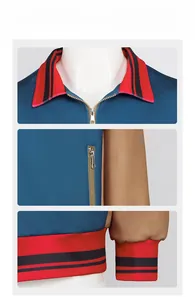 Détail du col en tricot rayé et des poignets sur la veste de cosplay bicolore