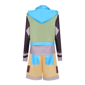 Anime cosplay costume hooded top and shorts set with patchwork design shown from the back