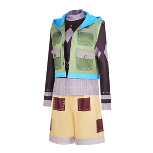Three-piece Brave Cat anime cosplay costume with green hooded vest and yellow shorts