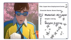 Detailed spec sheet for Brave Cleaner cosplay outfit with size chart and fabric info