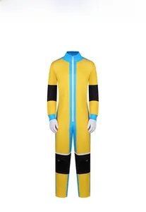 Detailed front view of a yellow cosplay bodysuit with blue trim and white gloves