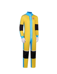Detail of high collar and front zipper closure on the yellow cosplay jumpsuit