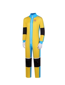 Close-up of yellow cosplay bodysuit featuring blue accents and identity name tag detail