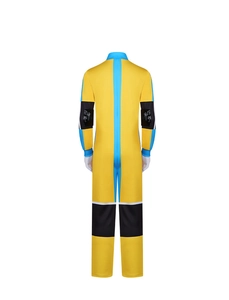 Detail of the high-elasticity bodysuit showing the vibrant yellow and blue patchwork design