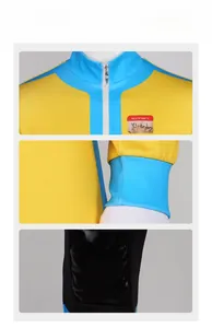Close-up of yellow and blue cosplay jumpsuit details with metal zipper and name tag