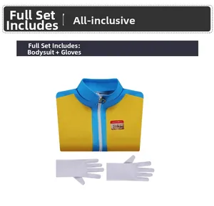 Cosplay set featuring yellow and blue bodysuit with name tag and white gloves detail