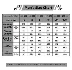 Detailed size chart for men's superhero cosplay costume with full body measurements