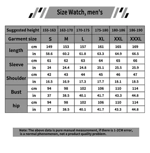 Detailed size chart for men's superhero cosplay bodysuit with measurements in cm and inches