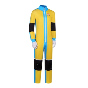 Yellow and blue high-neck cosplay jumpsuit with contrast panels and front zipper