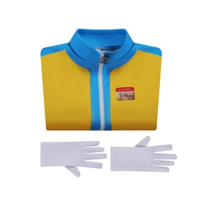 Cosplay bodysuit in blue and yellow with name tag and white gloves for character roleplay