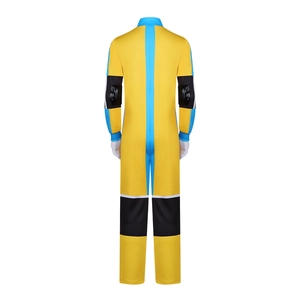 Yellow and blue superhero cosplay bodysuit with black leather pads and sleek design