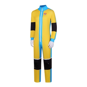 Vector cosplay jumpsuit in bright yellow with blue stripes and chest name tag