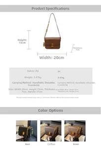 Detailed size chart for retro PU flap bag showing 20x15x7cm dimensions and crossbody strap