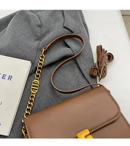 Close-up of brown matte leather flap bag featuring a gold buckle and chain strap
