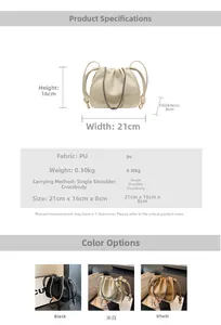 Detailed specification of pleated bucket bag showing 21x16x8cm size and leather texture