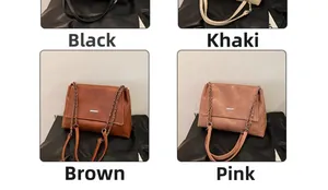 Four color options for the vintage tote bag featuring a metal chain strap and sleek plate