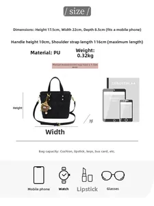 Detailed size chart for black quilted bucket bag showing dimensions and daily capacity