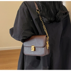Detail view of dark brown leather crossbody bag with gold chain and metal buckle