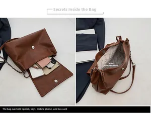 Internal view of the brown leather tote showing spacious main compartment and storage capacity
