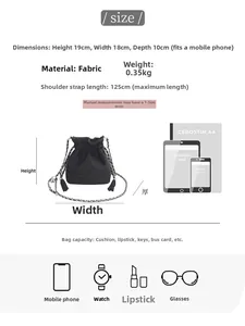 Size guide for black bucket bag showing dimensions 19x18x10cm and capacity details