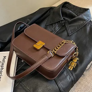 Women Vintage PU Leather Small Square Bag With Metal Chain Strap Flap Crossbody Shoulder Bag With Bear Charm Elegant Purse