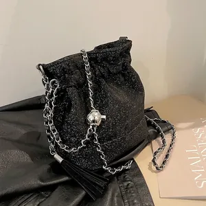 Women's Black Glitter Bucket Bag Canvas Shoulder Crossbody Handbag With Chain Strap Tassel And Skull Charm