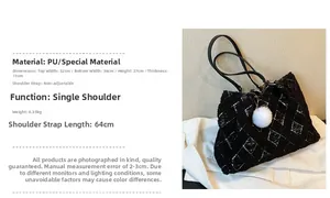 Detailed size specifications for the black quilted lamb wool tote bag with soft plush ball