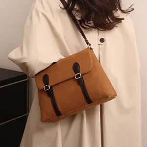 Retro Frosted Suede Crossbody Bag Large Capacity Vintage Shoulder Bag With Double Buckle Flap Fashion Messenger Bag Women