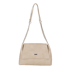 Beige faux leather tote bag with elegant metal chain strap and minimalist front flap