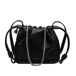Retro black drawstring bucket bag with chain strap and printed brand lettering