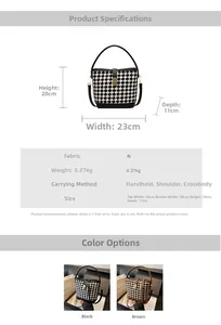 Dimensions du sac seau matelassé montrant le matériau et les détails de taille