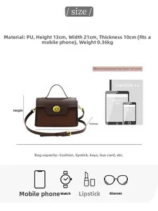 Size chart showing brown PU leather crossbody bag dimensions 13x21x10cm with capacity list