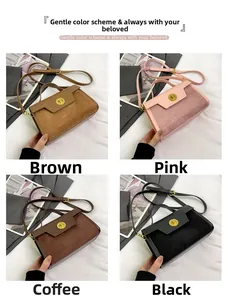 Multiple views of matte leather crossbody bag in brown, pink, coffee, and black