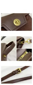 Close-up of brown faux leather stitching and gold metal hardware on retro square bag