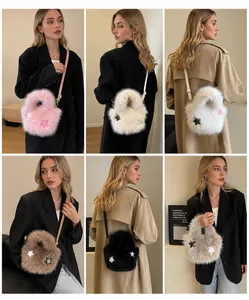 Collage of plush bucket bags in six colors featuring sparkly star charms and fuzzy texture