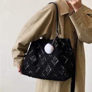 Women Faux Lamb Wool Tote Bag Large Capacity Argyle Pattern Plush Shoulder Bag With Furry Ball Pendant Autumn Winter Casual Handbag